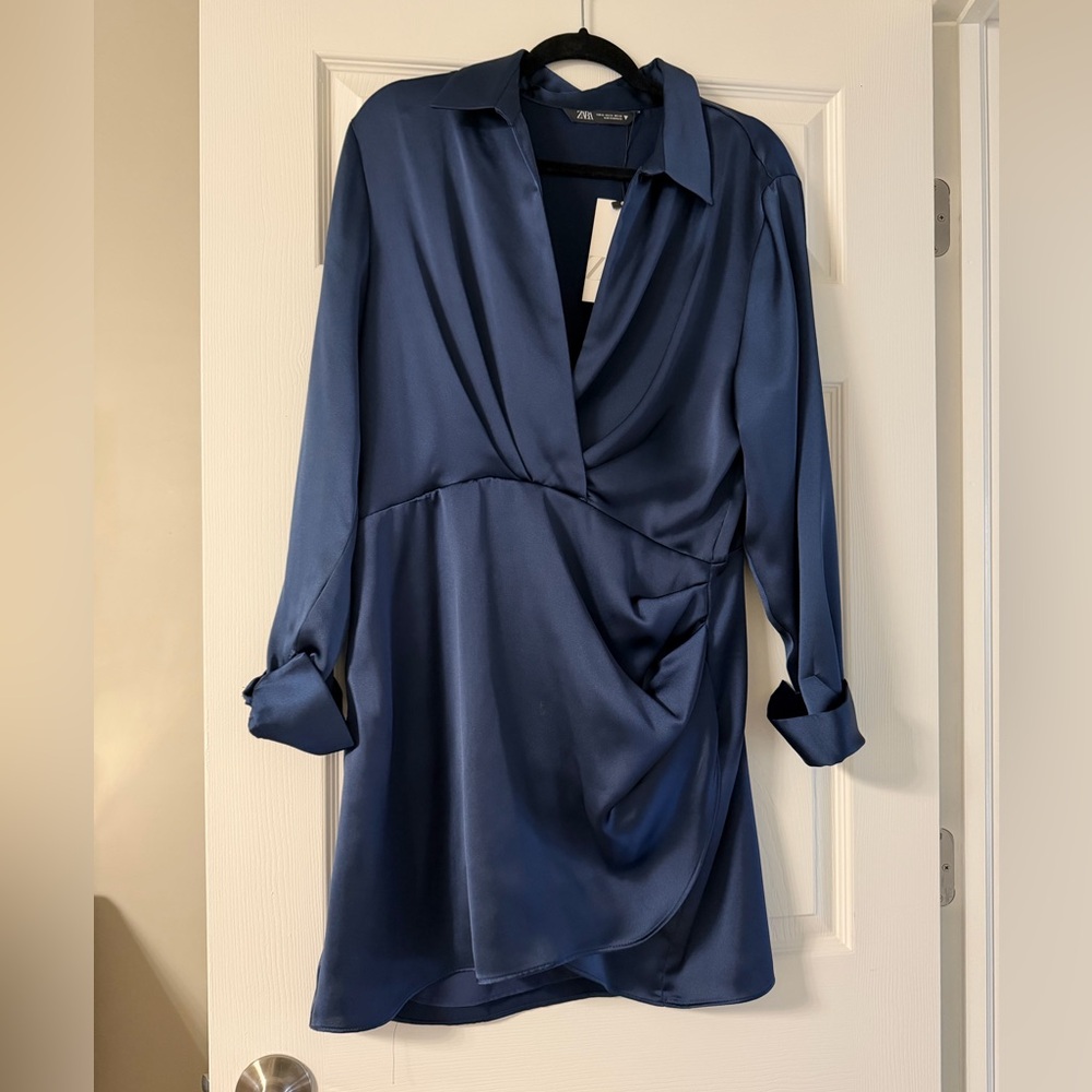 Zara Satin Dress in Navy Blue